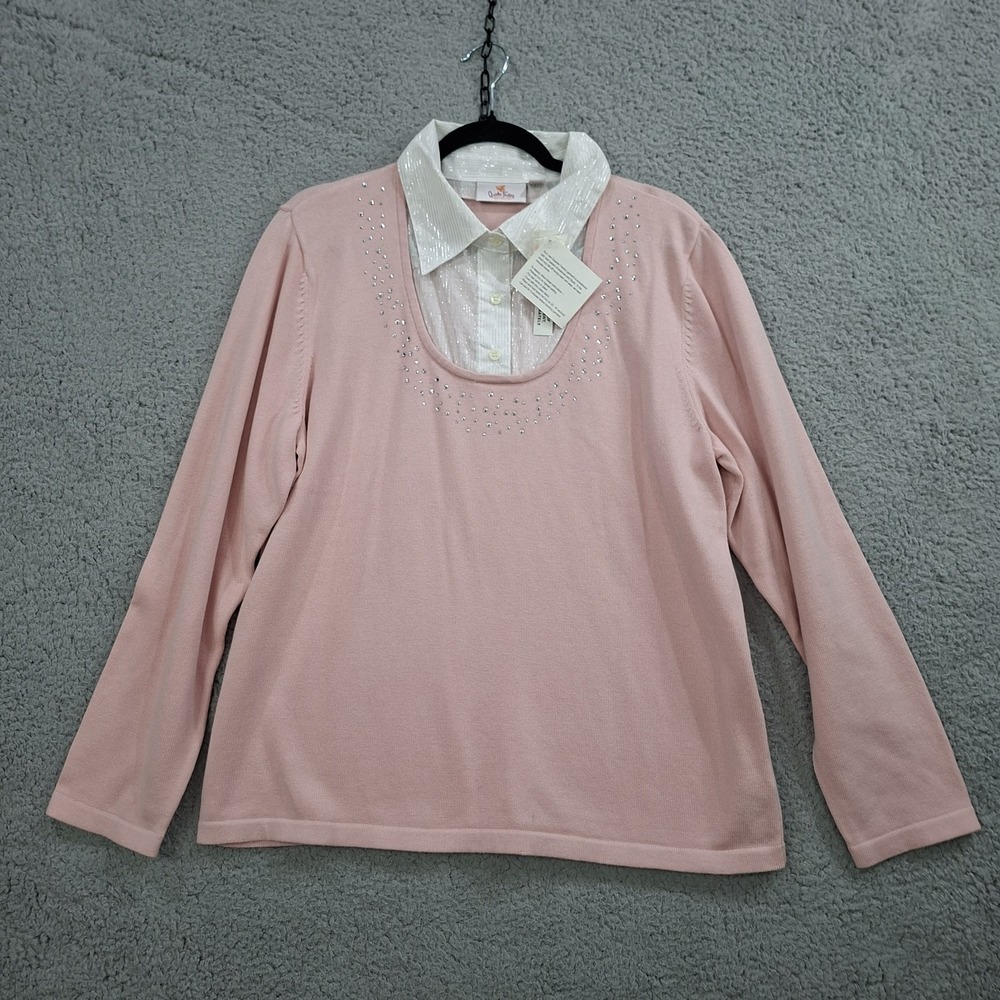 NEW Quacker Factory Sweater LARGE Long Sleeve Rhinestone Button Up Shirt Collar